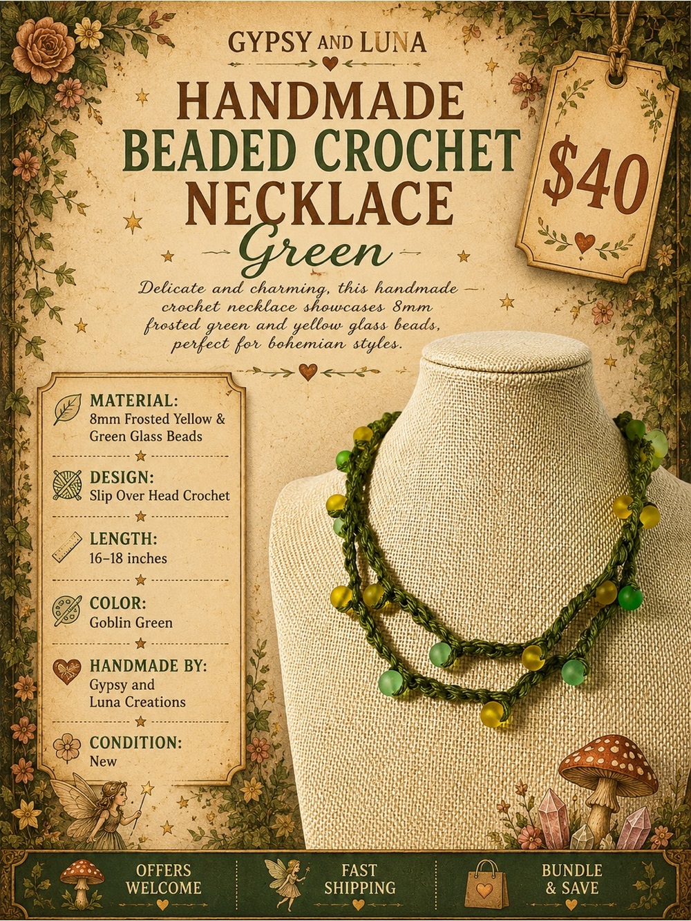 Handmade Beaded Green Crochet Necklace